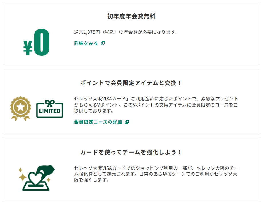 三井住友カードのセレッソ大阪VISAカードのページのカードの特徴