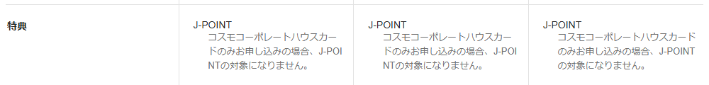 コスモコーポレートカードの公式ページ：ハウスカードだけの申し込みは、J-POINTの対象外