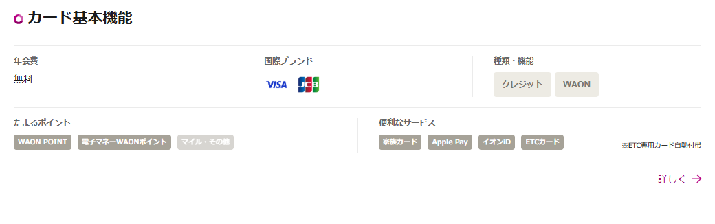 イオン E-NEXCO pass カード（WAON一体型）のカード基本機能（年会費・国際ブランド・たまるポイント）