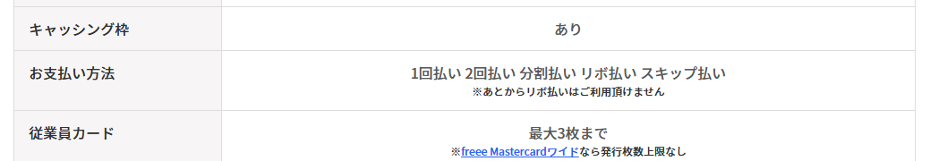 freee Mastercard ゴールドの公式ページ：あとからリボ払いは使えない