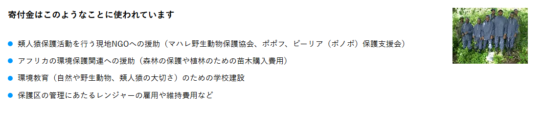 SAVE THE GREAT APESカードの公式ページ：寄付金はこのようなことに使われています 類人猿保