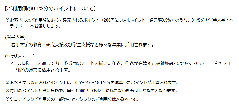 岩手大学ヘラルボニーカードの公式ページ：利用額の0.1%分のポイントが、岩手大学とヘラルボニーに渡さ