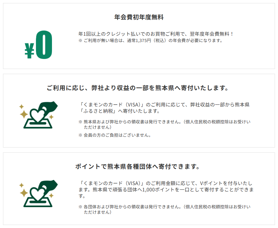 三井住友カードのくまモンのカード（VISA）のページのカードの特徴