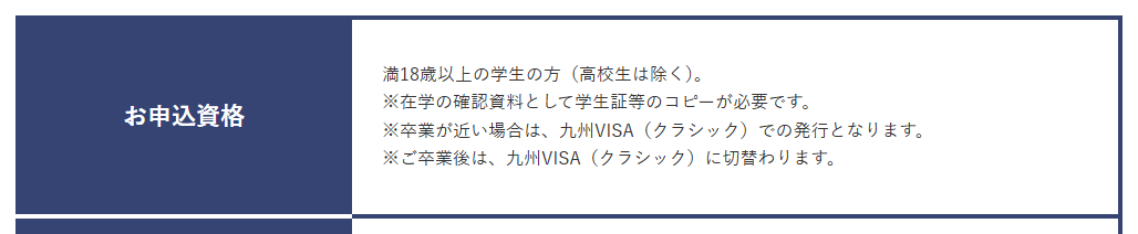九州VISAデビューカードの公式ページ：申し込めるのは18歳以上の学生（高校生を除く）