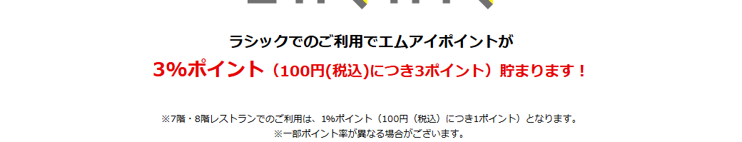ラシック エムアイカードの公式ページ:ラシックでの利用は、100円(税込)ごとに3ポイント