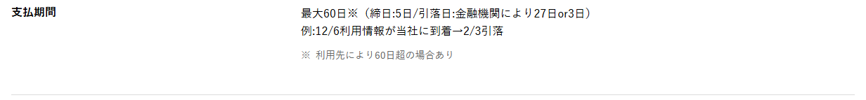 デポジット型ビジネスカードの公式ページ：支払期間は最大60日で、5日締め・金融機関により27日か3日