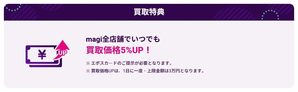 magiエポスカードの公式ページ:magi全店で、カードを見せると買取価格がいつでも5%UP