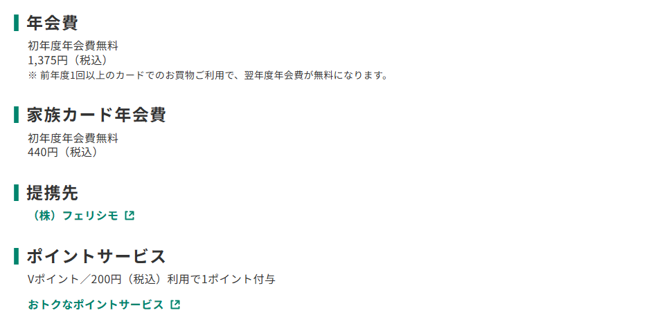 三井住友カードのフェリシモ猫部VISAカードのページのカード概要。年会費やポイントサービスを記載している