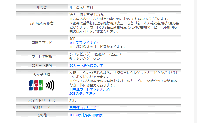 日専連JCBコーポレートカードの年会費などの基本情報