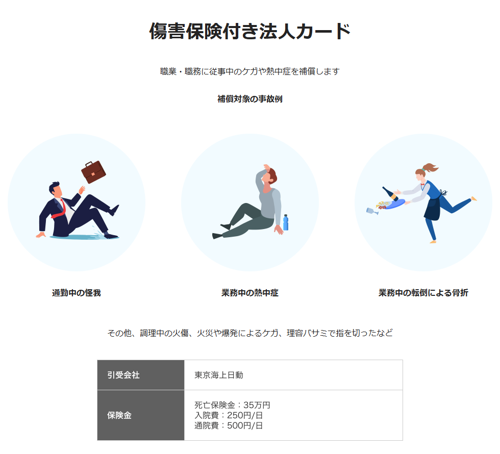 傷害保険付き法人カード（補償対象の事故例と保険金）