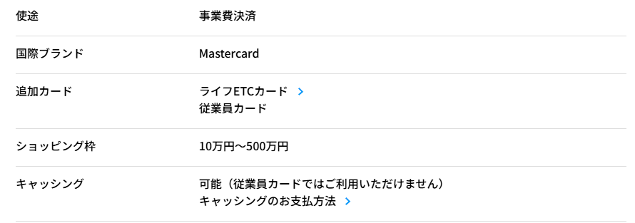Prostock Professional Cardの公式ページ：従業員カードでは、キャッシングを使えない