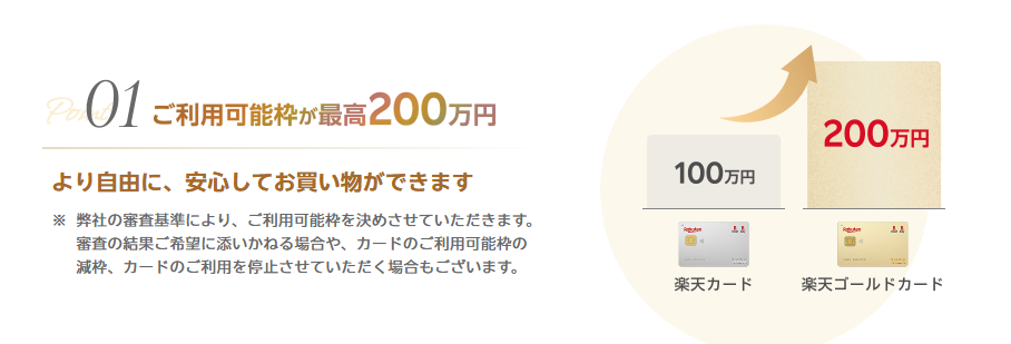 楽天ゴールドカードの公式ページ：利用可能枠は審査で決まり、減枠や利用停止になることもある