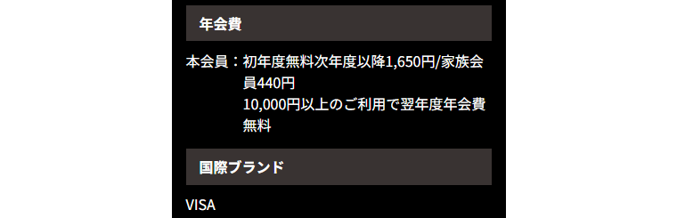 RIZINカードの公式ページ：年会費は初年度無料、次年度以降1,650円（1万円以上の利用