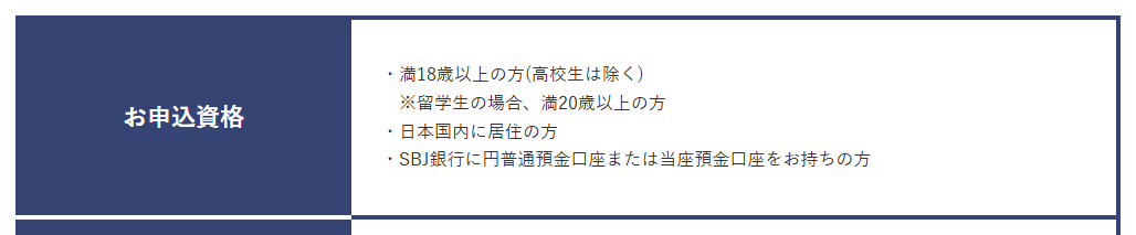 SBJ VISAカードの公式ページ：申し込めるのは、SBJ銀行に円普通預金口座か当座預金口座があ