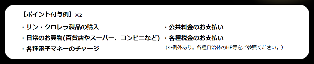 Sun Chlorella Cardの公式ページ：【ポイント付与例】※2 ・サン・クロレラ製品の購