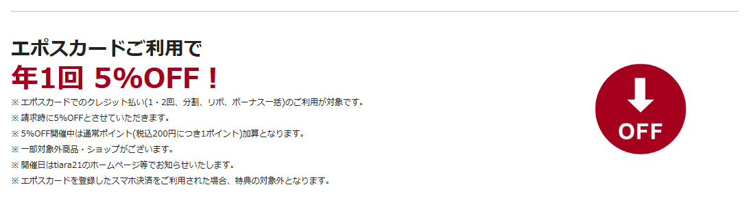 tiara21エポスカードの公式ページ：年1回の5%OFFの開催中は、通常のポイント加算になる