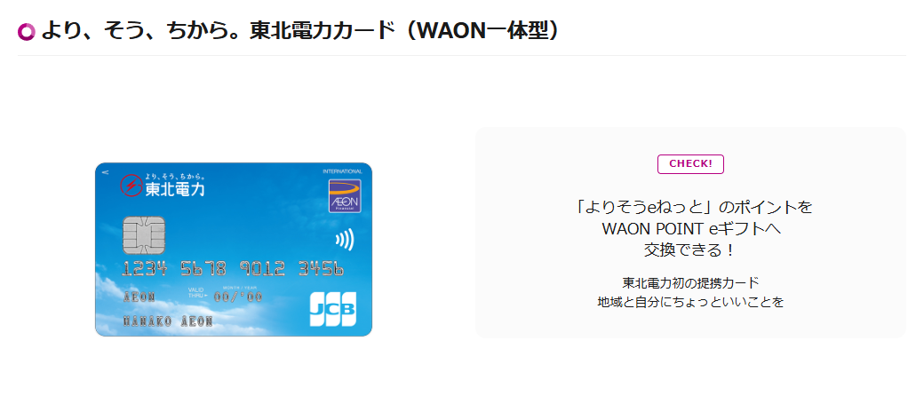 東北電力カード（WAON一体型）の公式ページ（イオンカード）