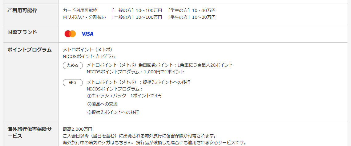 Tokyo Metro To Me CARD Primeのページの基本情報（続き）
