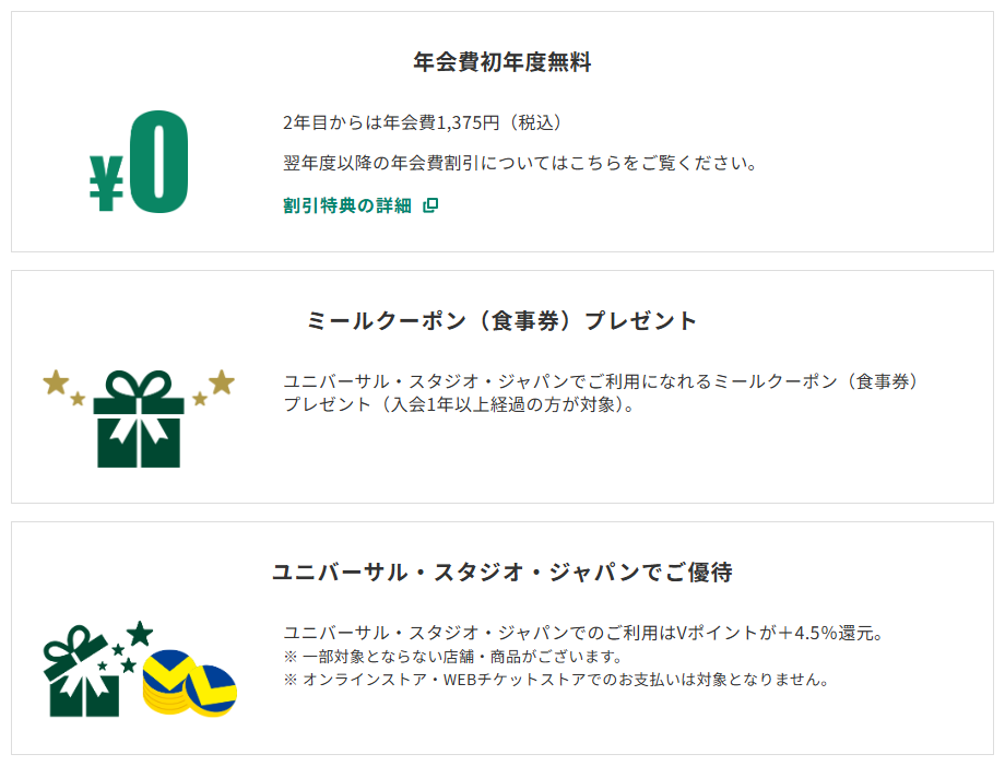 三井住友カードのユニバーサル・スタジオ・ジャパン VISAカードのページのカードの特徴