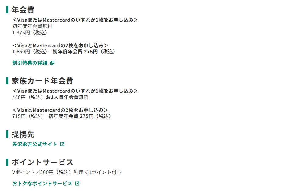 三井住友カードのYAZAWAカードのページのカード概要。年会費やポイントサービスを記載している
