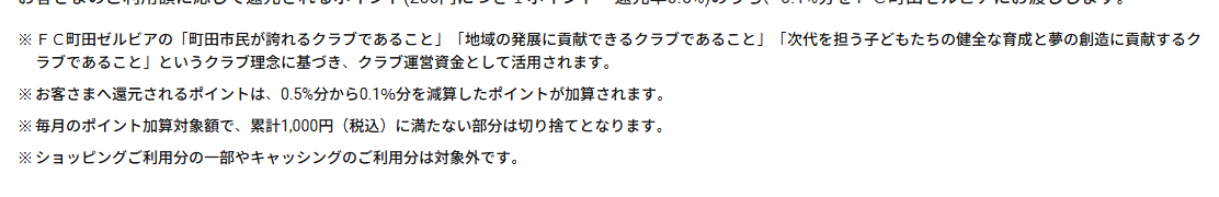 FC町田ゼルビアエポスカードの公式ページ：ポイントのうち0.1%分が寄付に回るため、自分に還元されるの